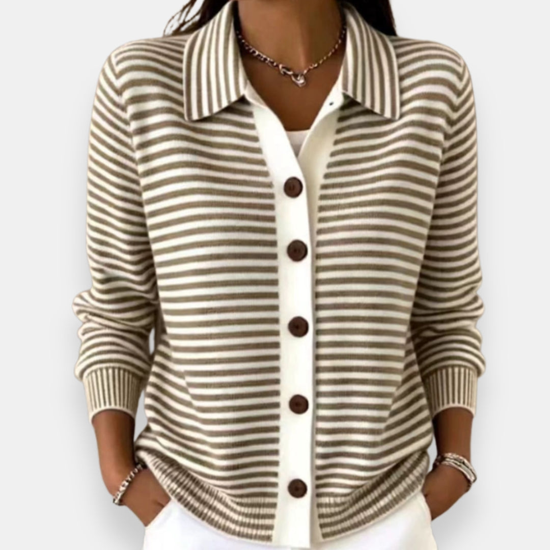 Nola™ Striped Button Cardigan in Brown, shown on a model