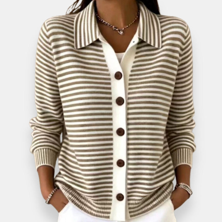 Nola™ Striped Button Cardigan in Brown, shown on a model