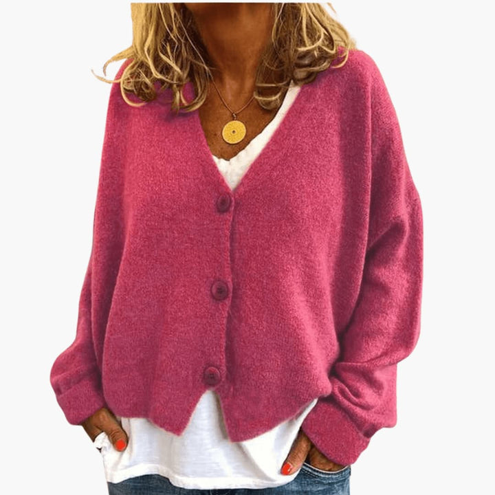 Fern™ V-Neck Button Cardigan in Pink, shown on a model