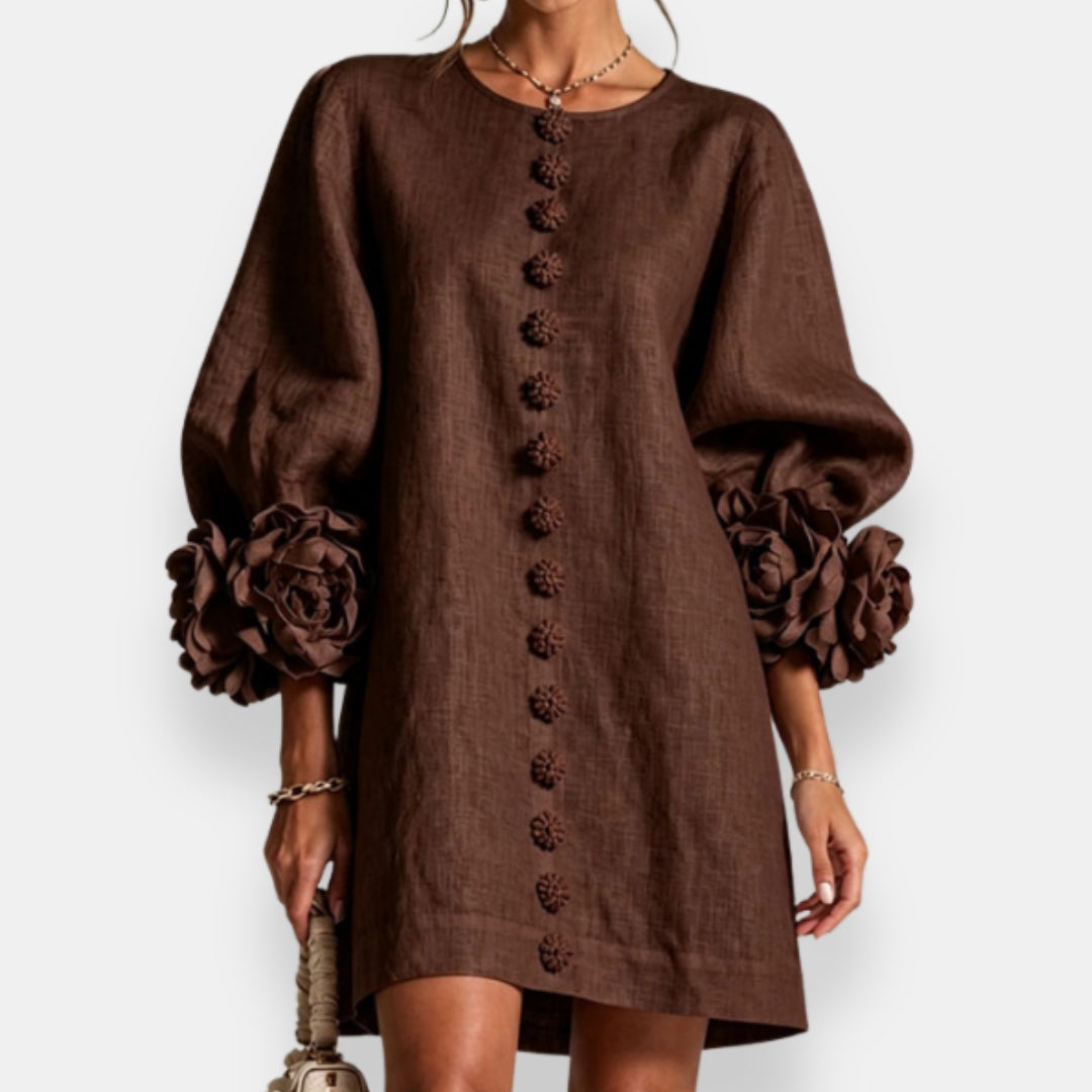 Darlene™ Floral Cuff Button Dress, in Brown, full length