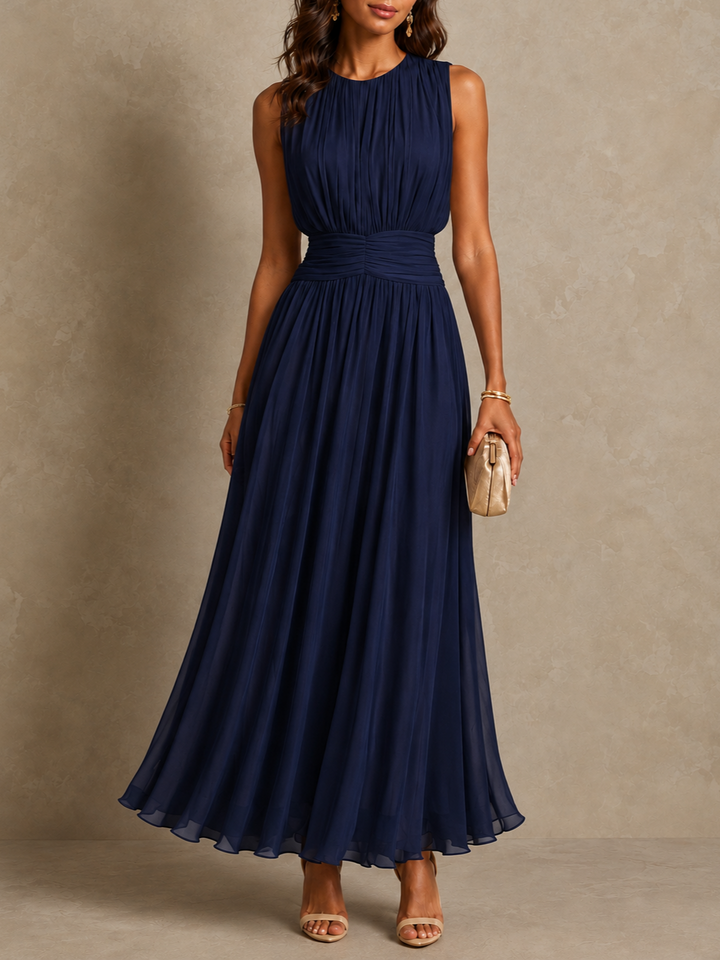 Roxanne™ Ruched Waist Sleeveless Maxi Dress in Navy Blue, full length