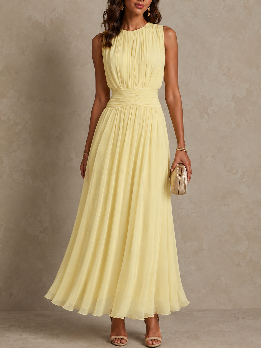 Roxanne™ Ruched Waist Sleeveless Maxi Dress in Yellow, front view
