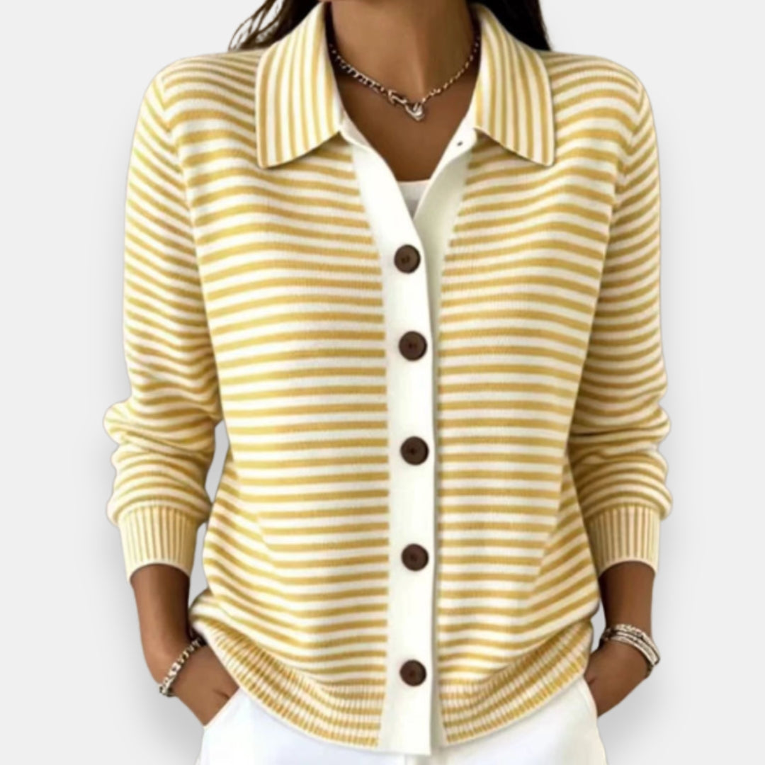 Nola™ Striped Button Cardigan in Yellow, shown on a model