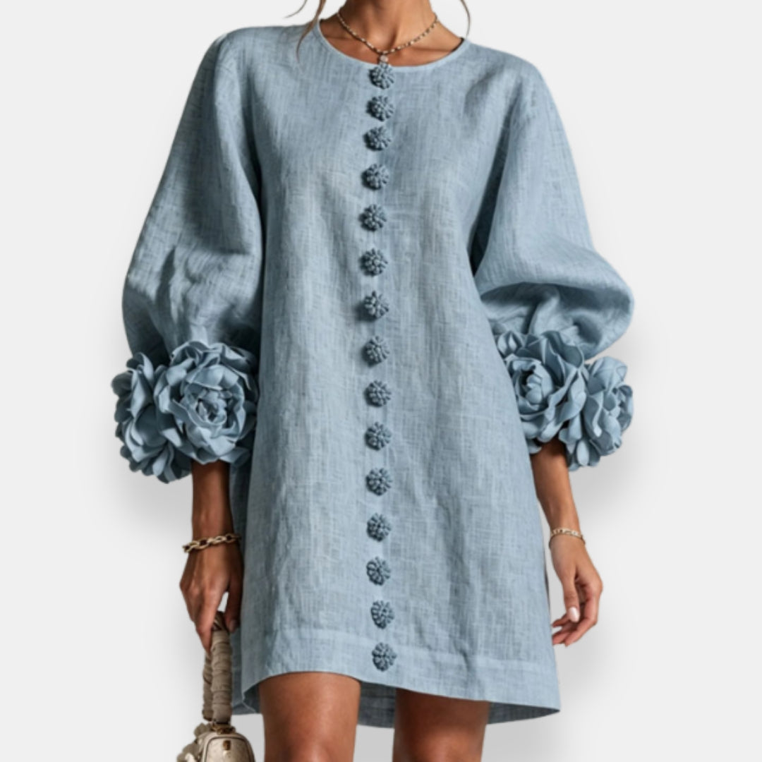 Darlene™ Floral Cuff Button Dress, in Blue, full length