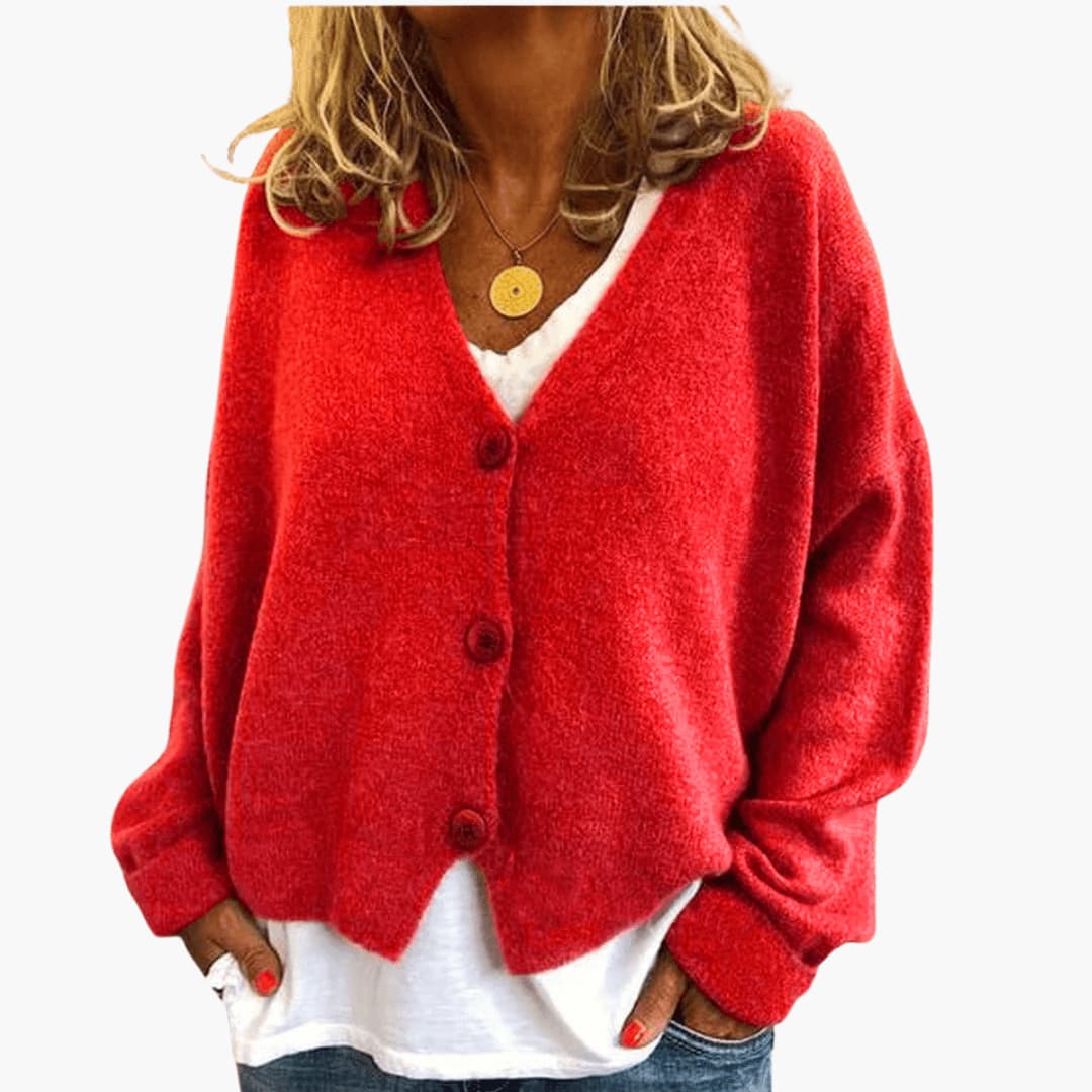 Fern™ V-Neck Button Cardigan in Red, shown on a model