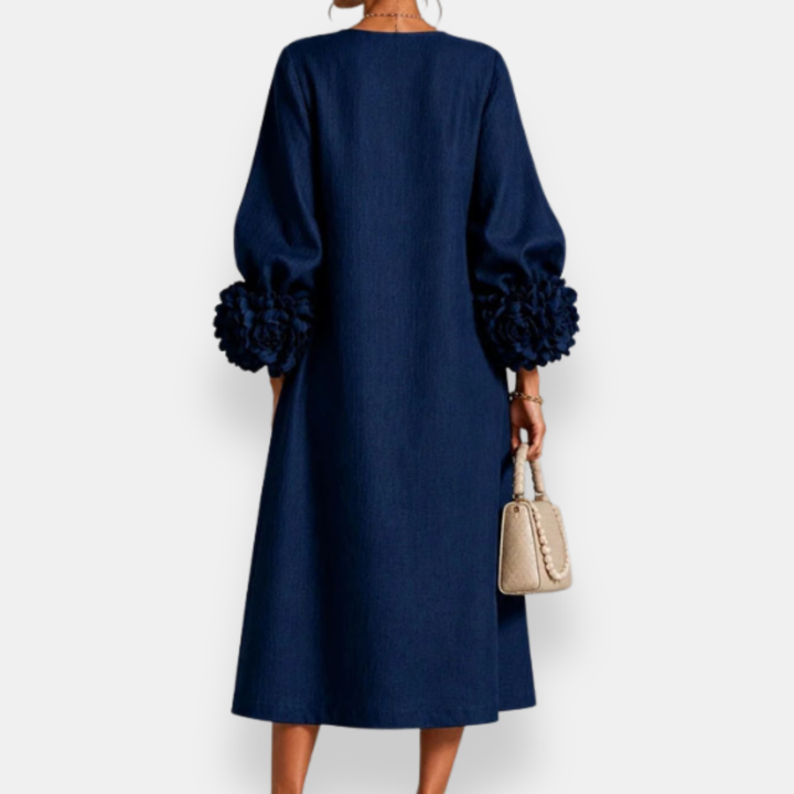 Hester™ Floral Appliqué Midi Dress, flower cuff and button detail