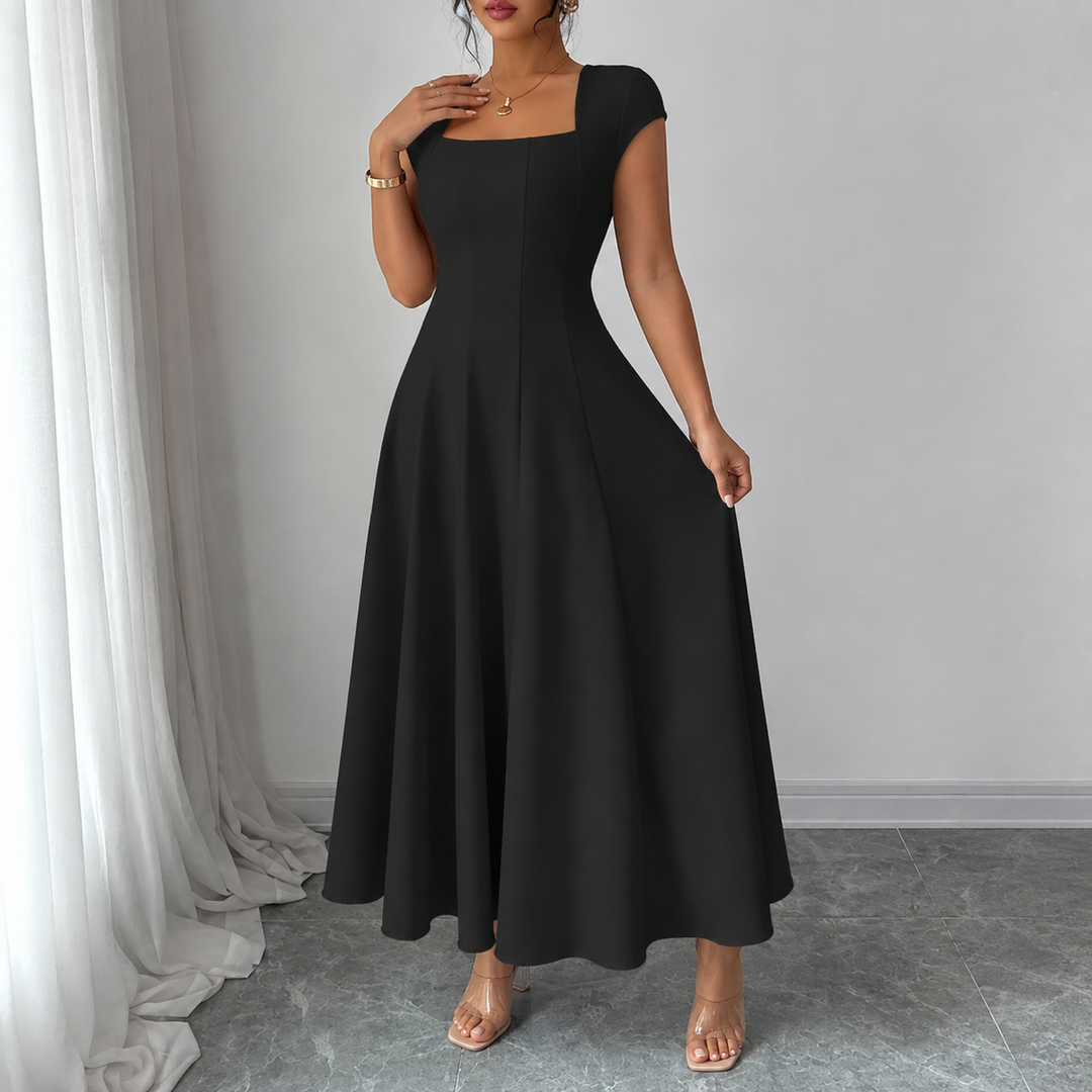 Norma™ Square Neck A-Line Maxi Dress in Black, shown full length on a model