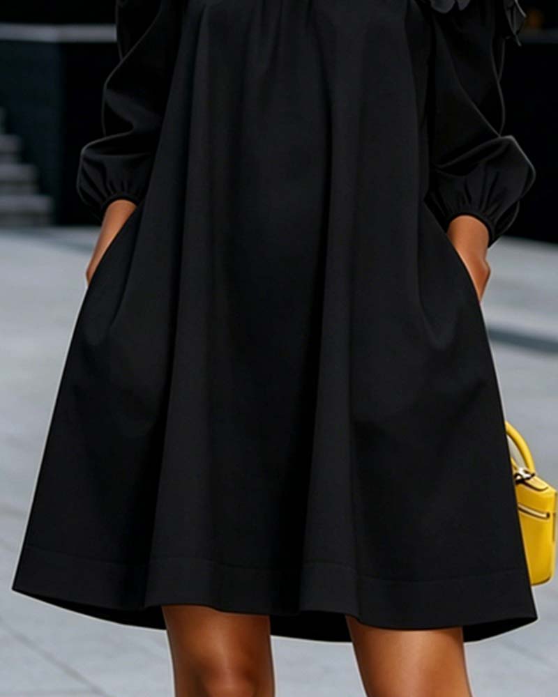 Rhoda™ Off-Shoulder Floral Appliqué Dress in black, side view