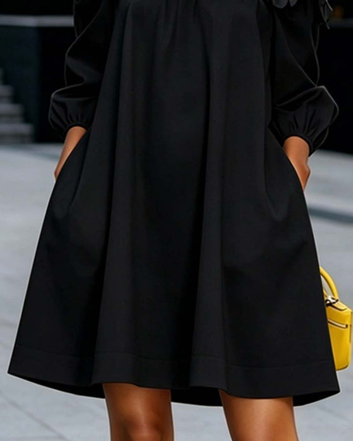 Rhoda™ Off-Shoulder Floral Appliqué Dress in black, side view