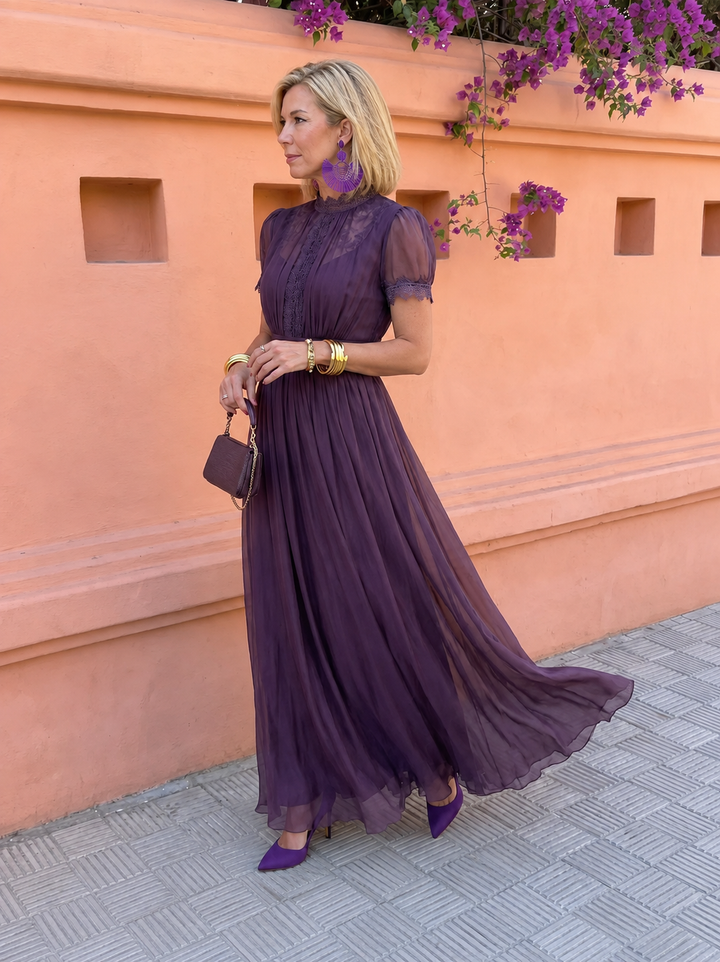 Dorothea™ Puff Sleeve Pleated Maxi Dress in Purple, puff sleeve detail