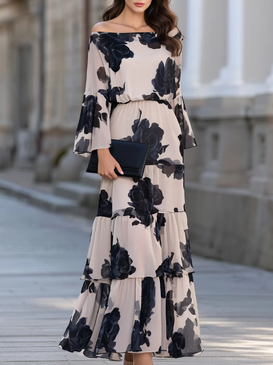 Odessa™ Off-Shoulder Ruffle Hem Maxi Dress in Beige, full length