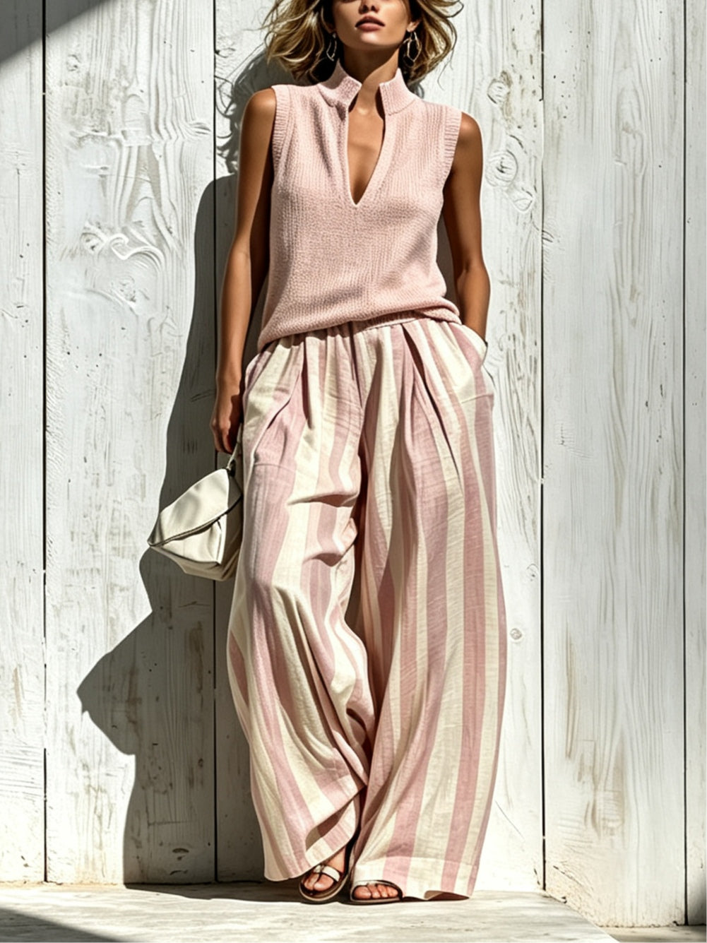 Trudy™ Notch Neck Striped Two-Piece Set in Pink, full outfit