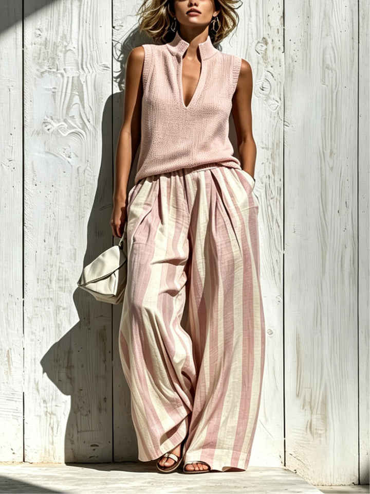 Trudy™ Notch Neck Striped Two-Piece Set in Pink, full outfit