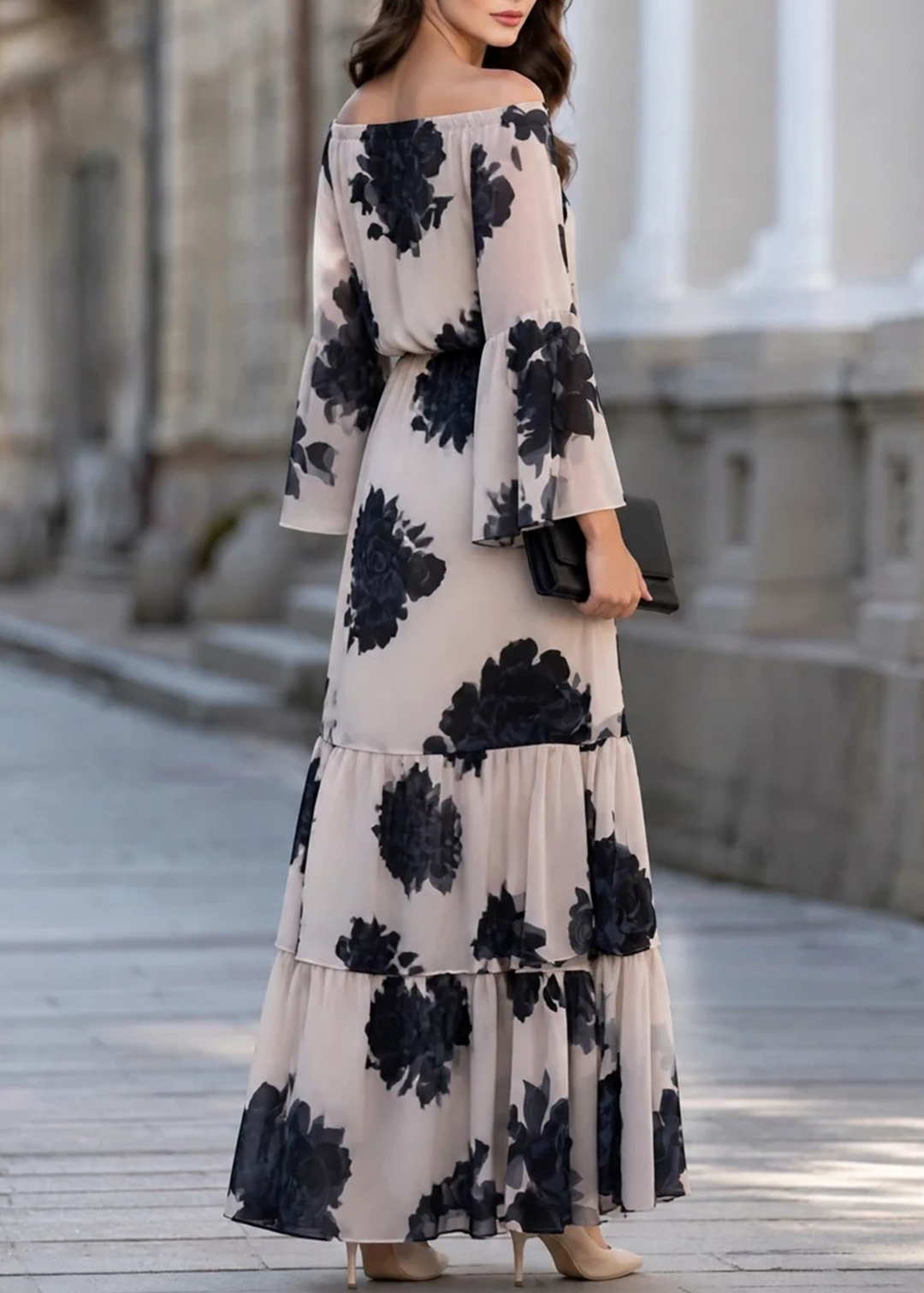 Odessa™ Off-Shoulder Ruffle Hem Maxi Dress in Beige, off-shoulder neckline