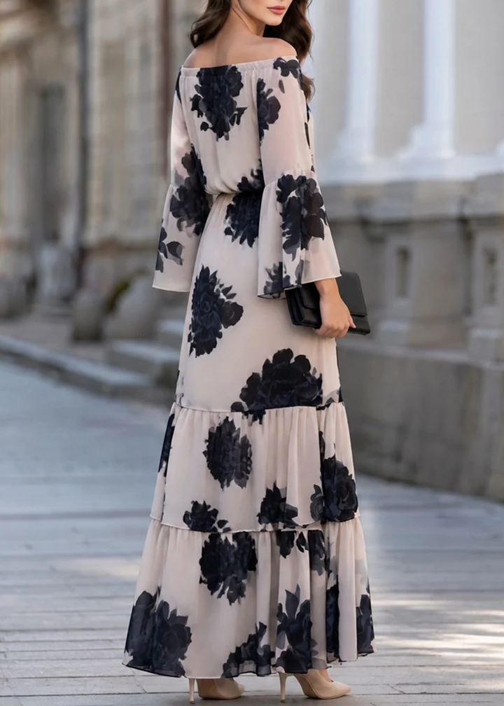 Odessa™ Off-Shoulder Ruffle Hem Maxi Dress in Beige, off-shoulder neckline