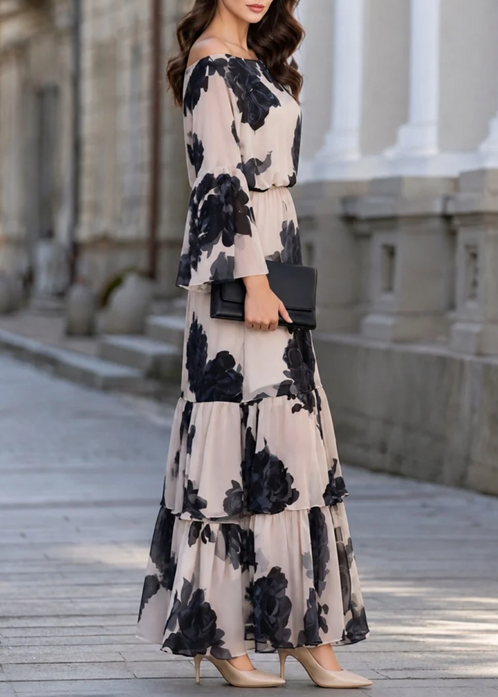 Odessa™ Off-Shoulder Ruffle Hem Maxi Dress in Beige, tiered ruffle hem