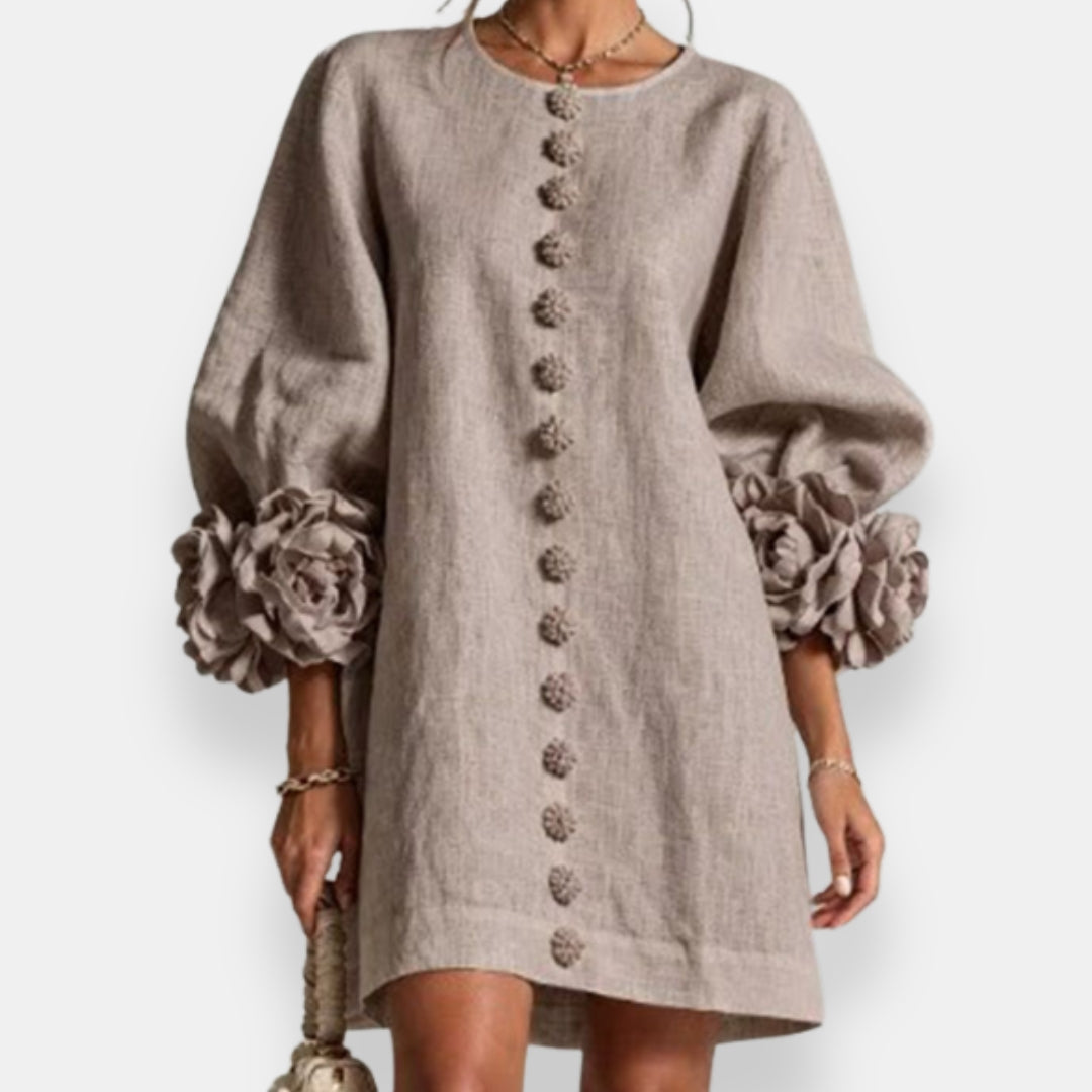Darlene™ Floral Cuff Button Dress, in Gray, full length