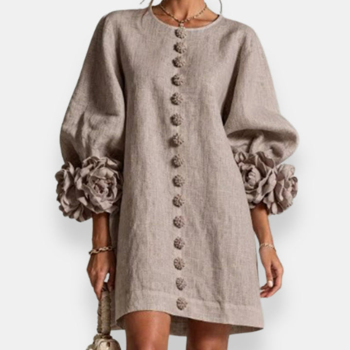 Darlene™ Floral Cuff Button Dress, in Gray, full length