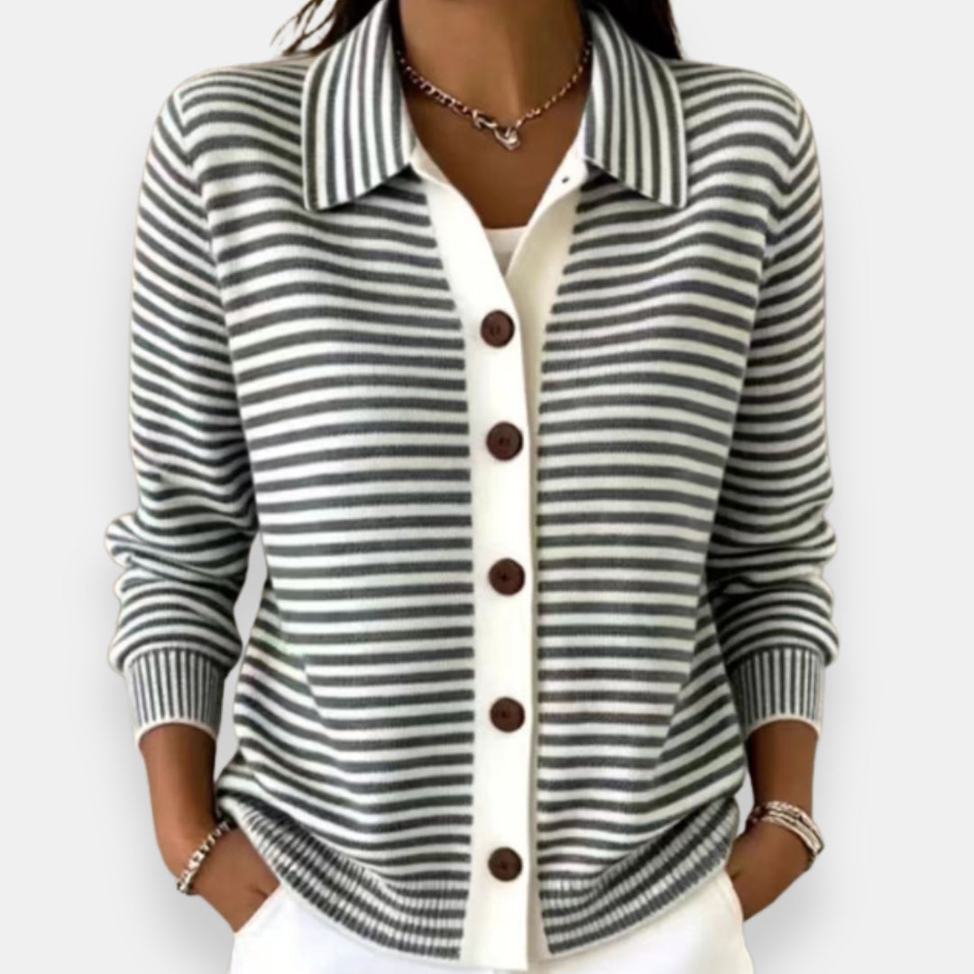 Nola™ Striped Button Cardigan in Black, shown on a model