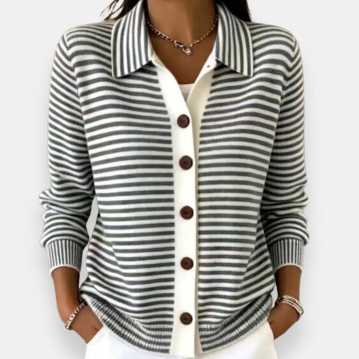 Nola™ Striped Button Cardigan in Black, shown on a model