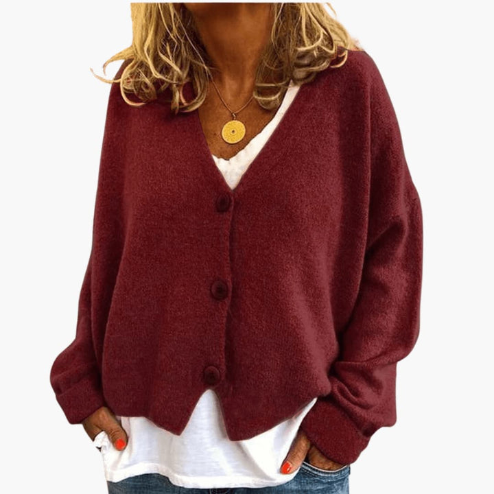 Fern™ V-Neck Button Cardigan in Burgundy, shown on a model