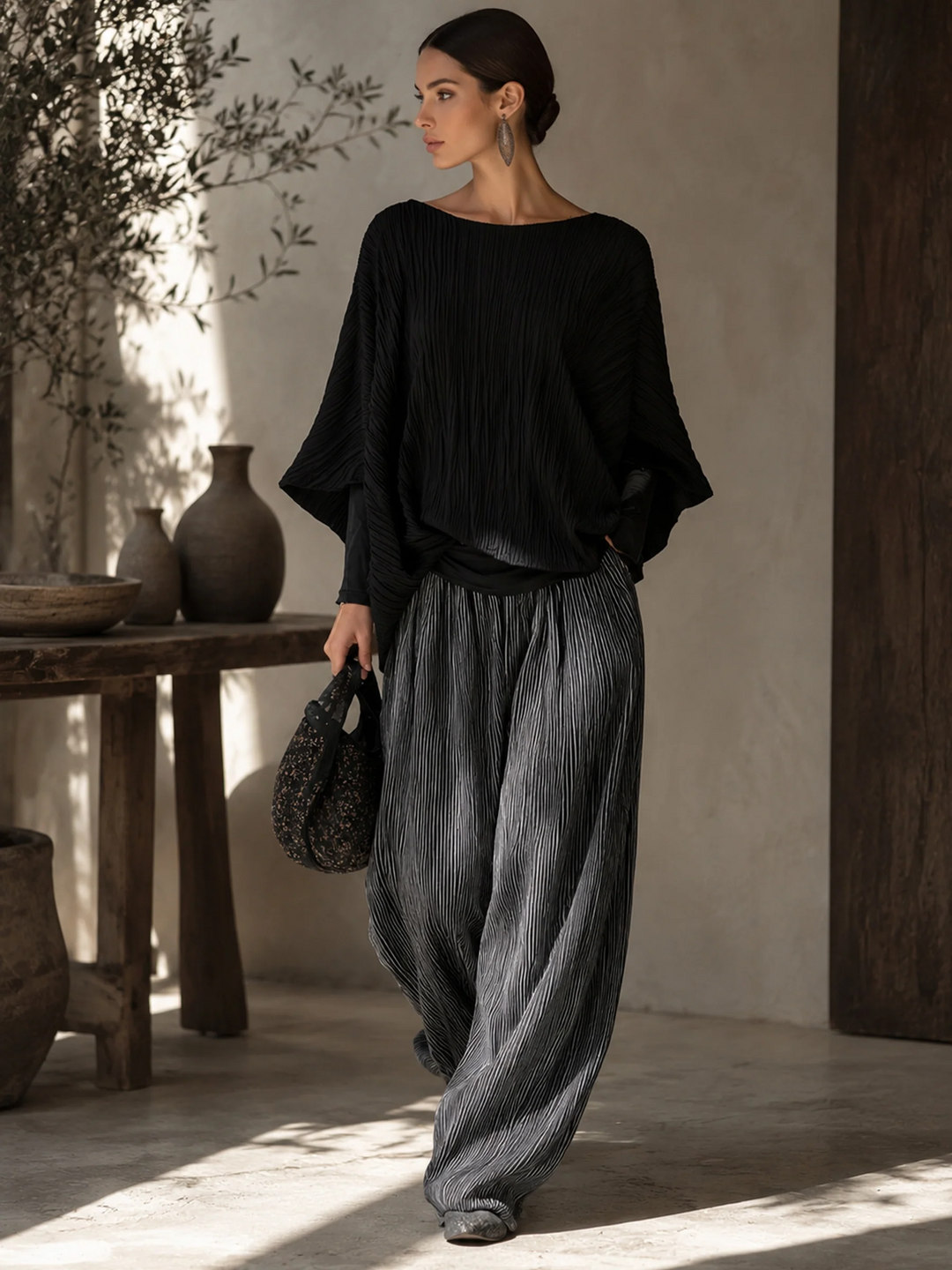 Beulah™ Pleated Batwing Two-Piece Set, black batwing top