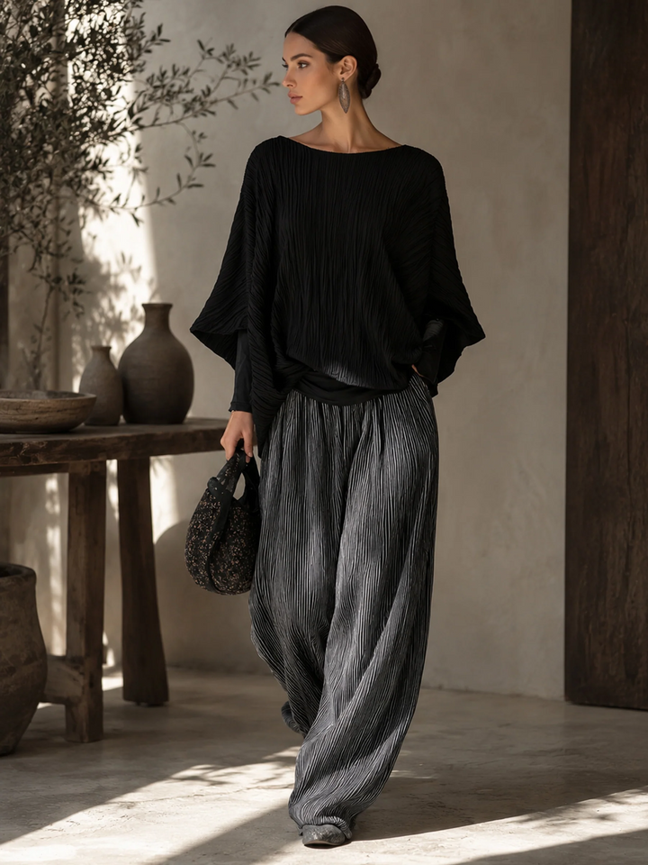 Beulah™ Pleated Batwing Two-Piece Set, black batwing top