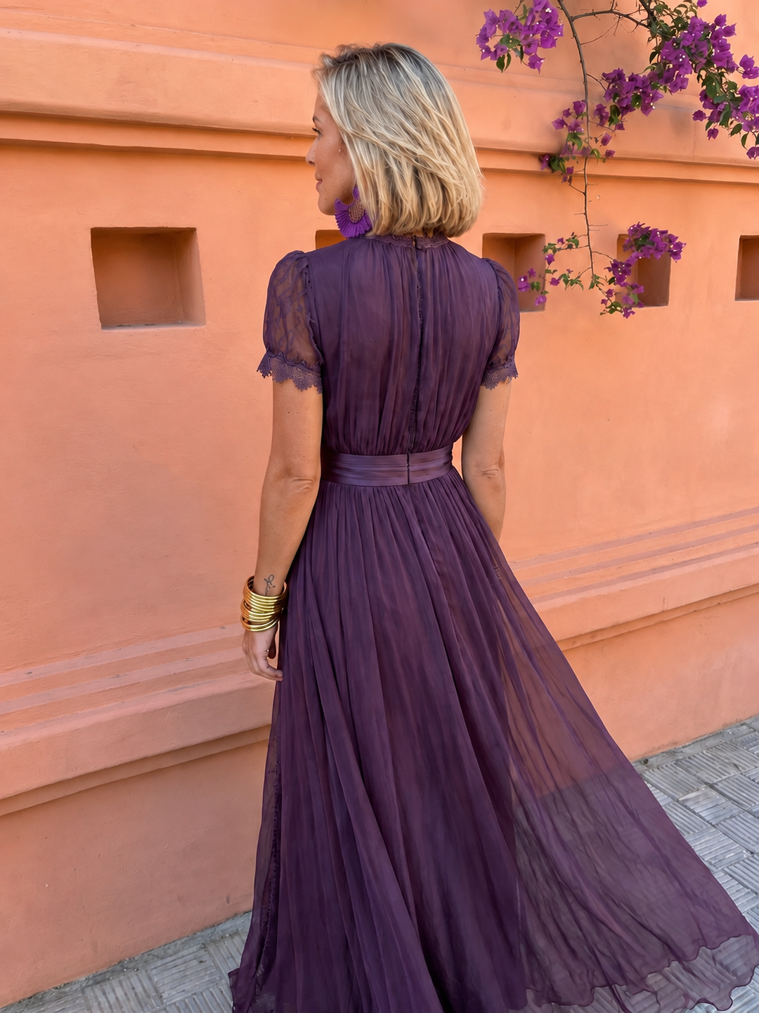 Dorothea™ Puff Sleeve Pleated Maxi Dress in Purple, pleated skirt detail