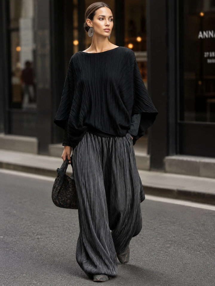 Beulah™ Pleated Batwing Two-Piece Set, charcoal pleated wide-leg trousers