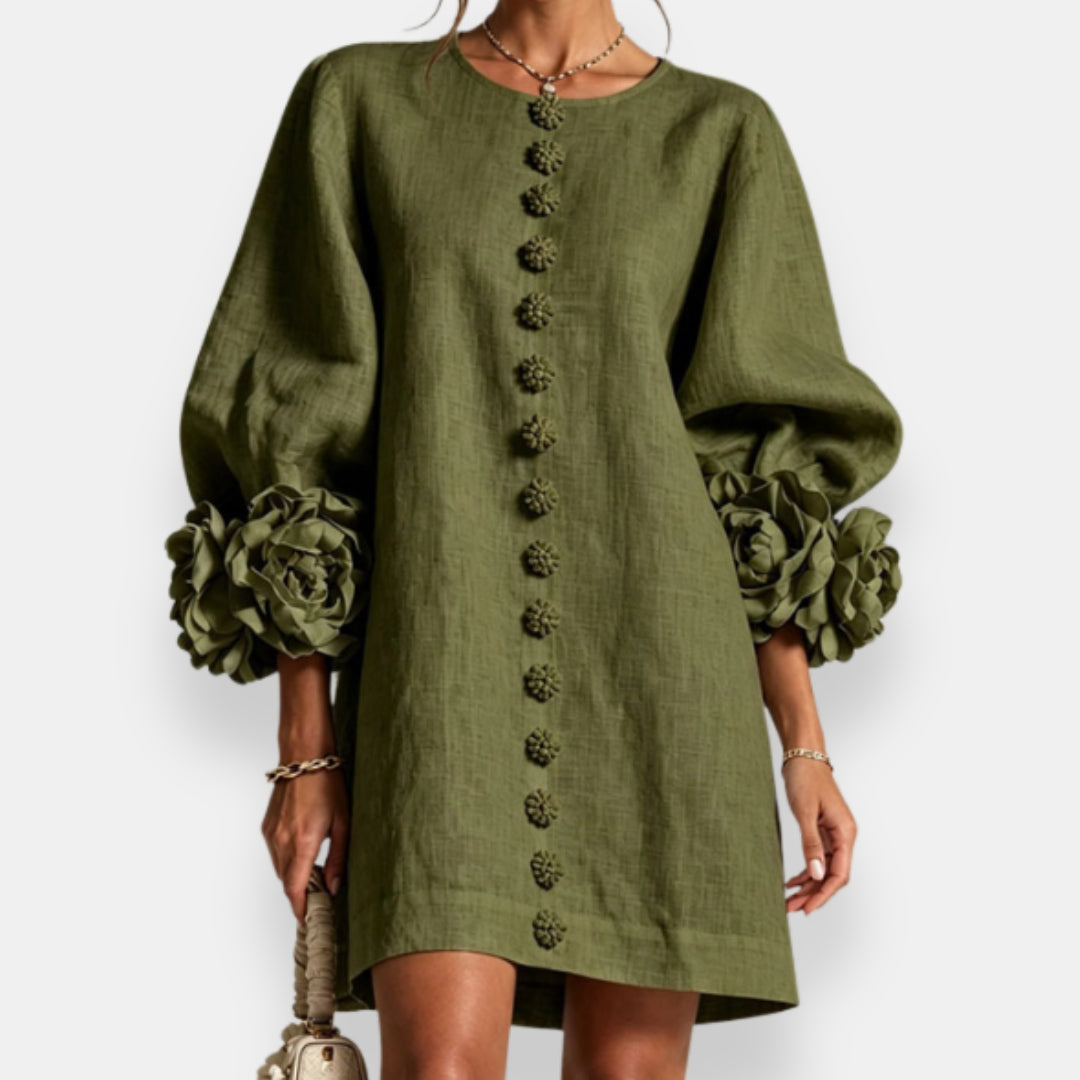 Darlene™ Floral Cuff Button Dress, in Green, full length
