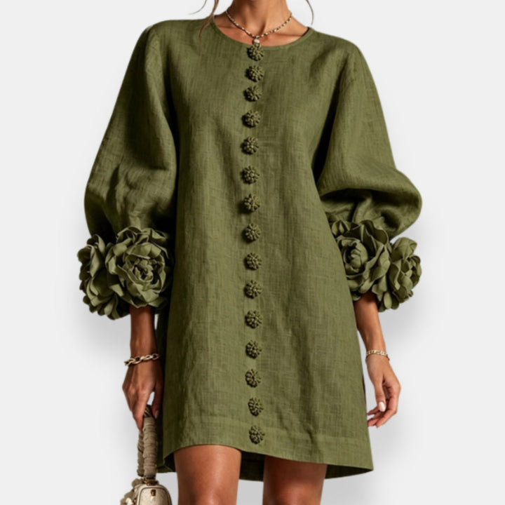 Darlene™ Floral Cuff Button Dress, in Green, full length