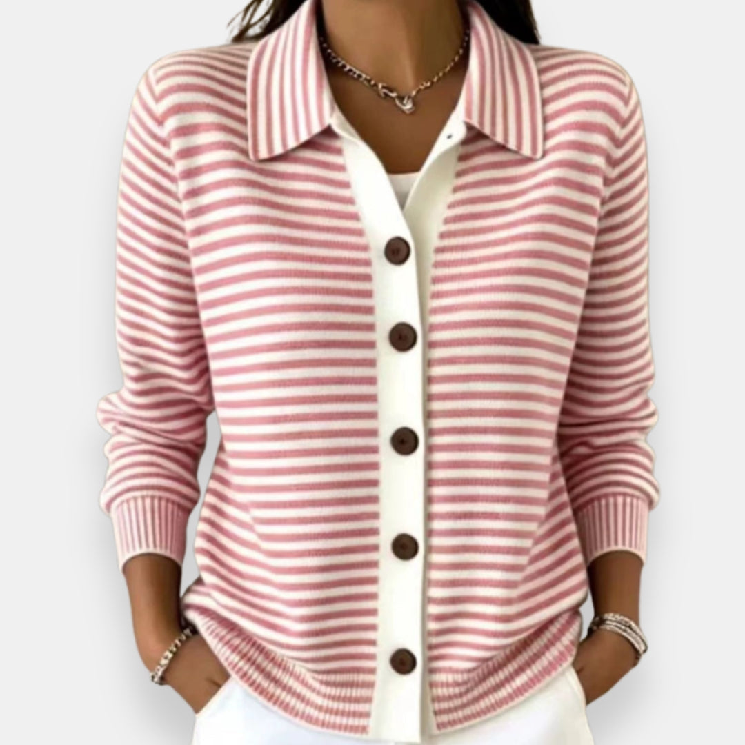 Nola™ Striped Button Cardigan in Pink, shown on a model