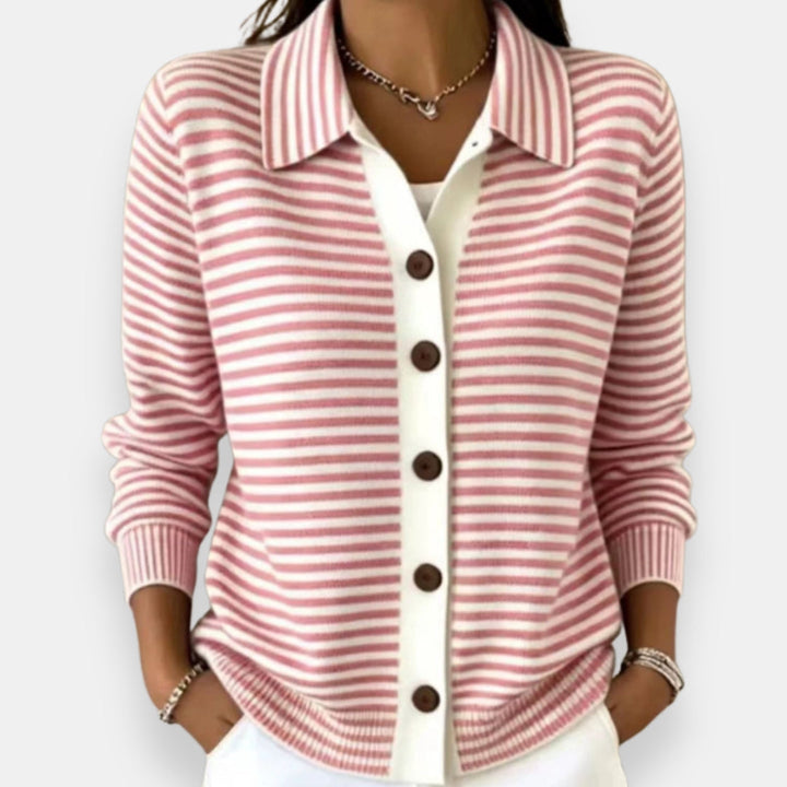 Nola™ Striped Button Cardigan in Pink, shown on a model