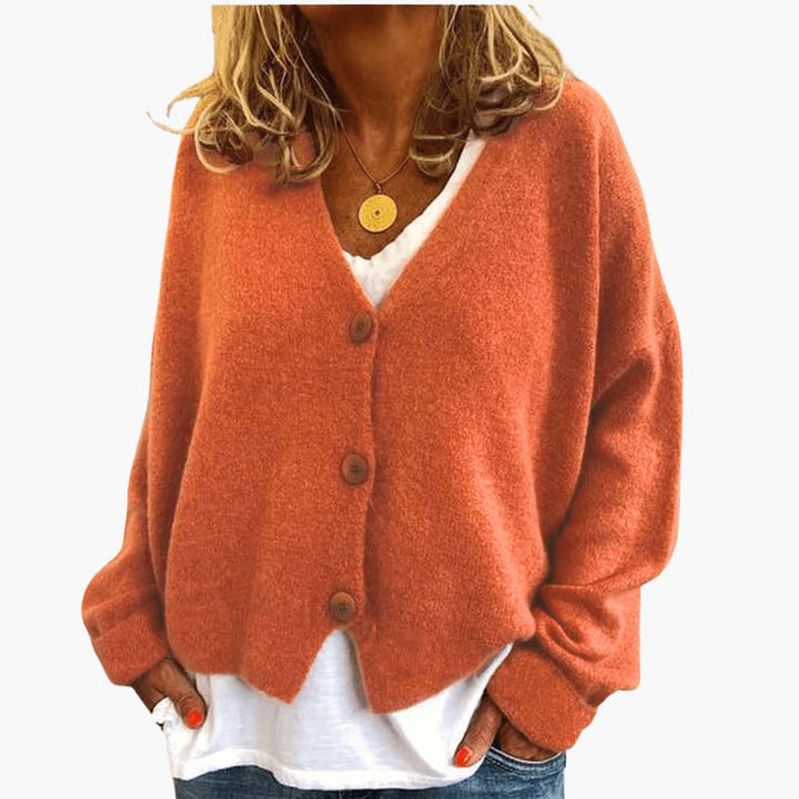 Fern™ V-Neck Button Cardigan in Orange, shown on a model