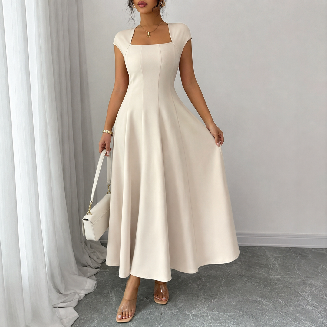 Norma™ Square Neck A-Line Maxi Dress in Beige, shown full length on a model