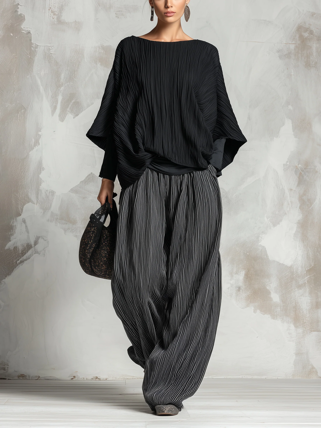 Beulah™ Pleated Batwing Two-Piece Set in Black, full outfit