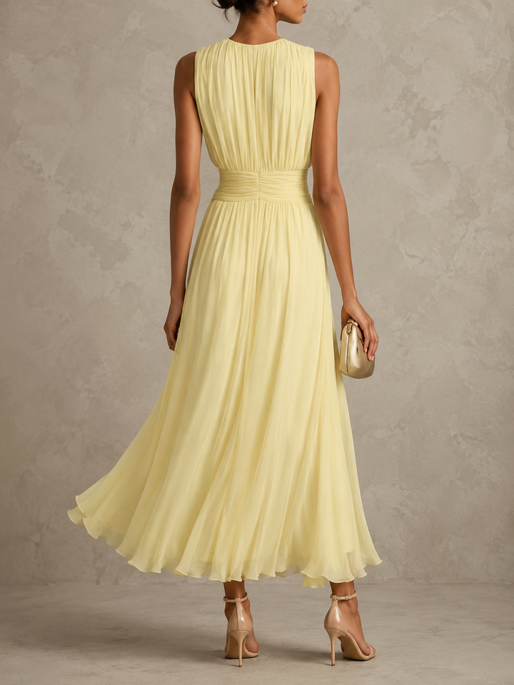 Roxanne™ Ruched Waist Sleeveless Maxi Dress in Yellow, back view