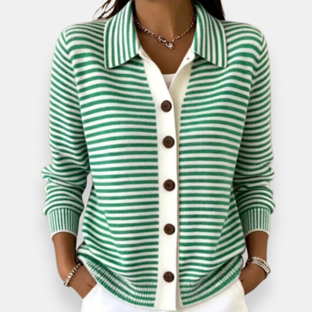 Nola™ Striped Button Cardigan in Green, shown on a model