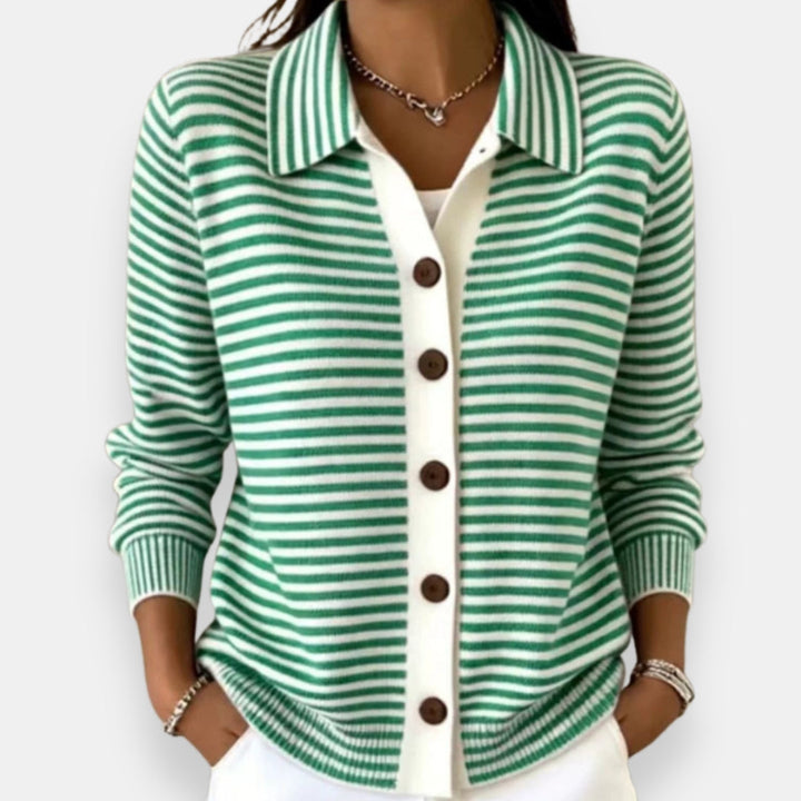 Nola™ Striped Button Cardigan in Green, shown on a model