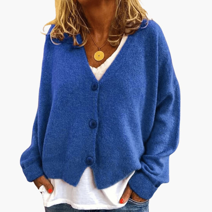 Fern™ V-Neck Button Cardigan in Blue, shown on a model
