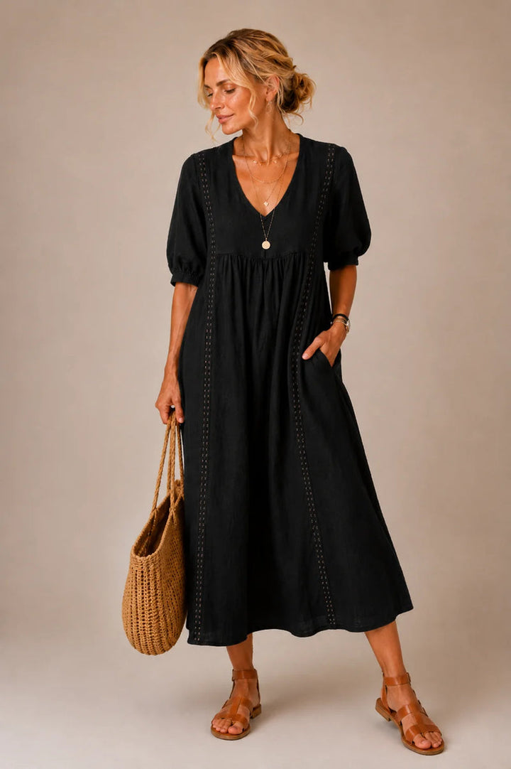 Arlene™ Lace Trim Puff Sleeve Maxi Dress in Black, shown full length on a model