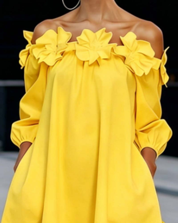 Rhoda™ Off-Shoulder Floral Appliqué Dress in yellow, showing the floral appliqué neckline