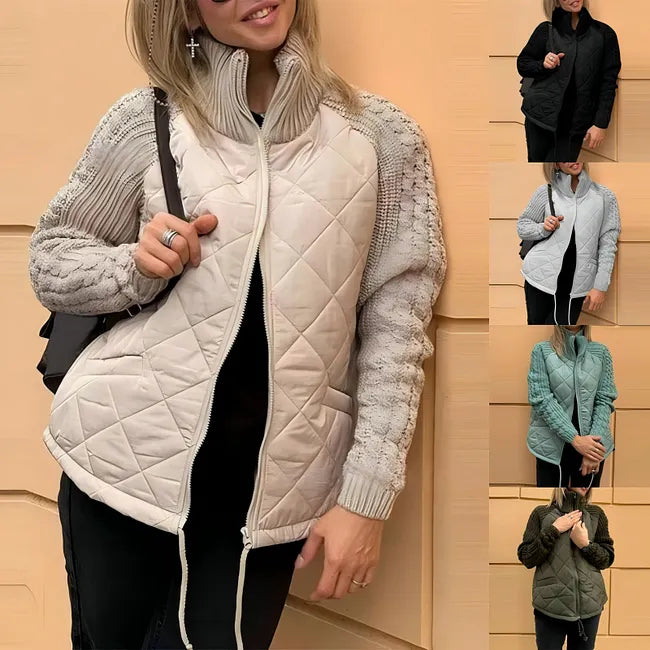 Sybil™ Quilted Knit Sleeve Jacket showing the quilted front and knit sleeves