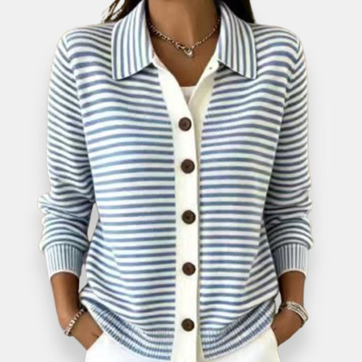 Nola™ Striped Button Cardigan in Light Blue, shown on a model