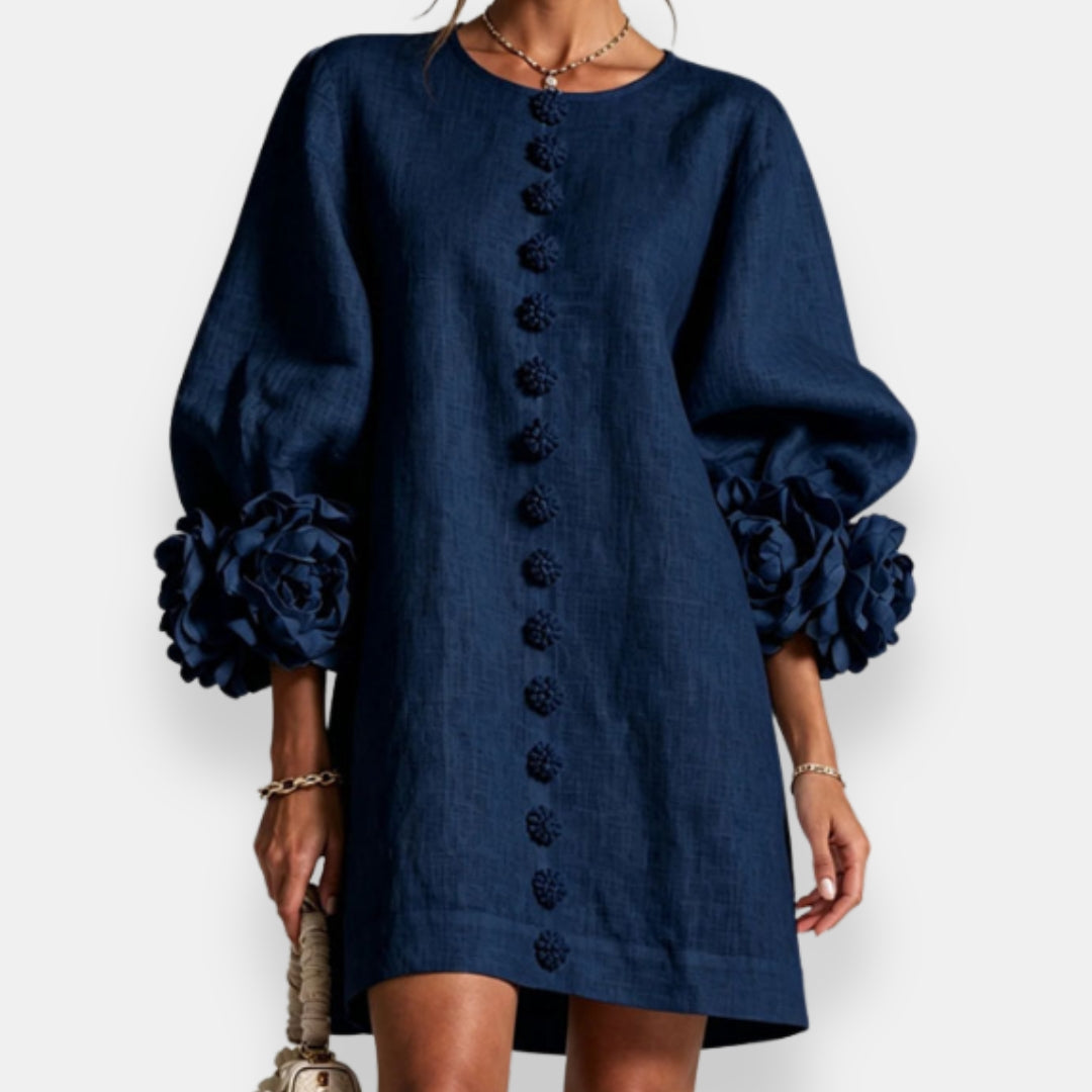 Darlene™ Floral Cuff Button Dress, in Navy, full length
