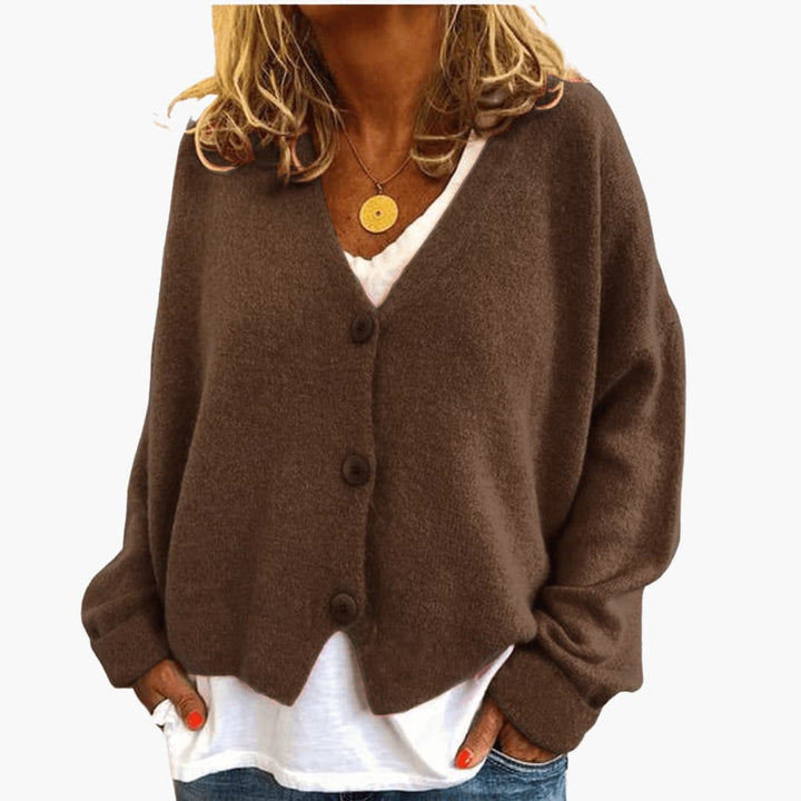 Fern™ V-Neck Button Cardigan in Brown, shown on a model