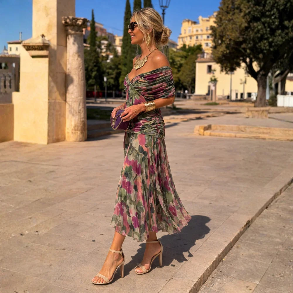Wilhelmina™ Pleated V-Neck Flutter Sleeve Maxi Dress in Green-Pink, full length