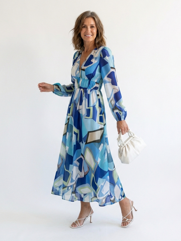 Katharine™ Long Sleeve Floral Maxi Dress, in Blue, full length