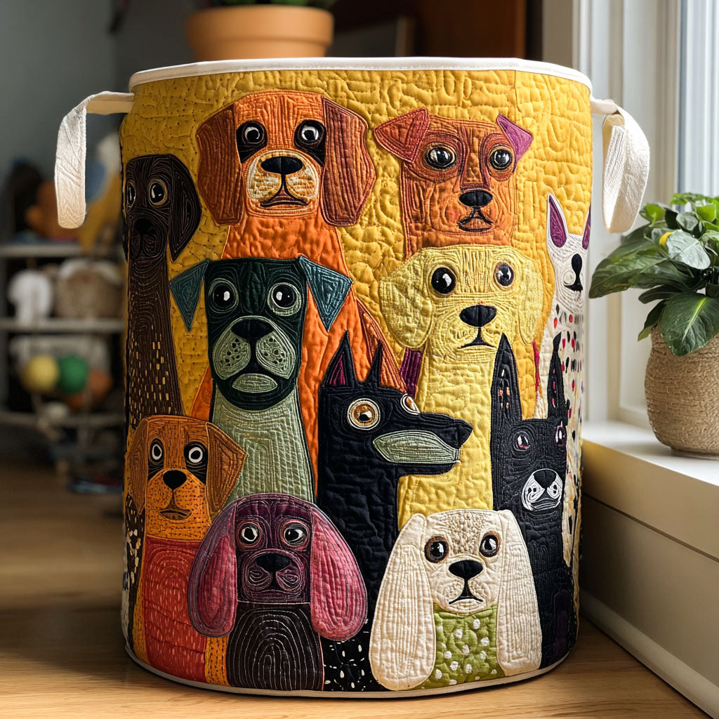Bobbie™ Happy Dogs Quilted Laundry Basket, cheerful dogs in orange, green, blue and cream on a yellow ground