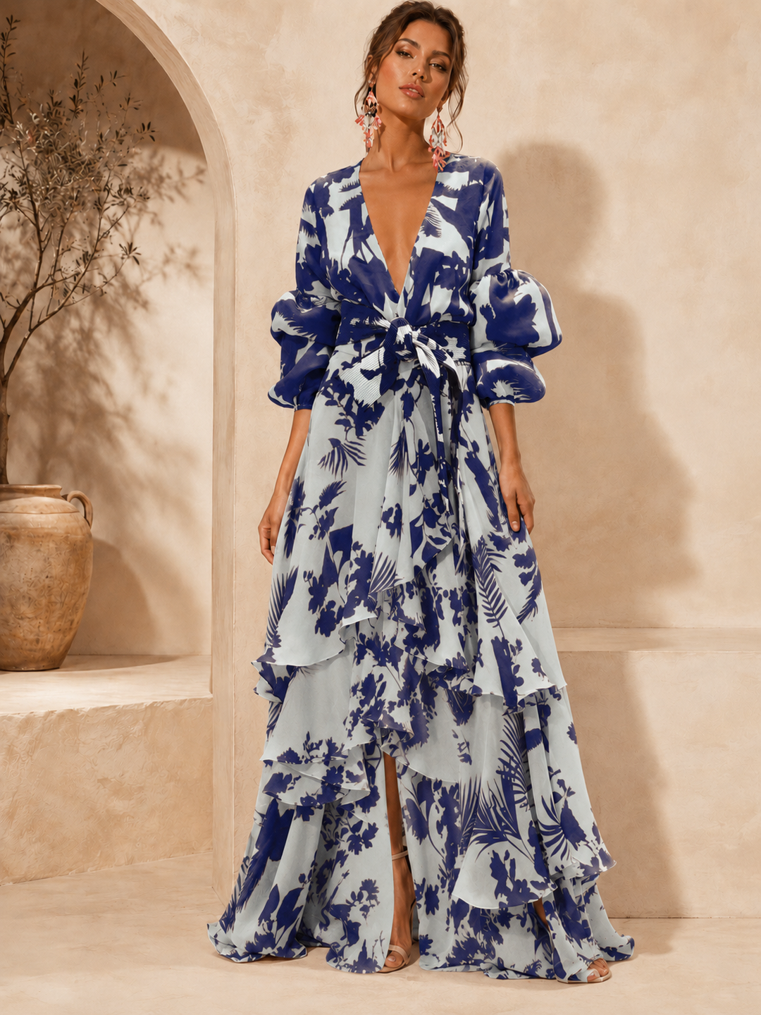 Constance™ Floral Tiered Maxi Dress showing the puff sleeves and V-neckline